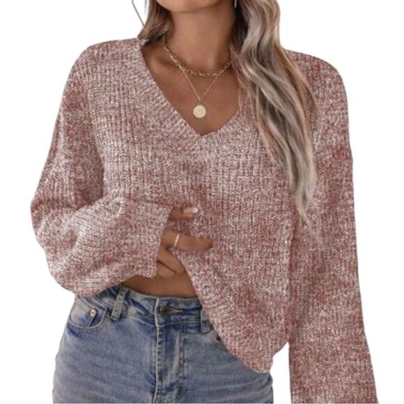 Shein Space Dye Chic Ease Sweater Mauve White Knit V-Neck Puffy‎ Sleeves Small - Picture 1 of 10